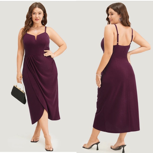 Dresses & Skirts - Plain Notched Pleated Detail Spaghetti Strap Wrap Hem Dress